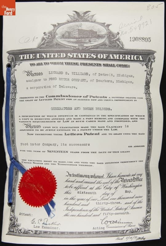Patent for Generator and Brush Holder Improvement, Granted May 1933 to Leonard S. Williams and Assigned to Ford Motor Company