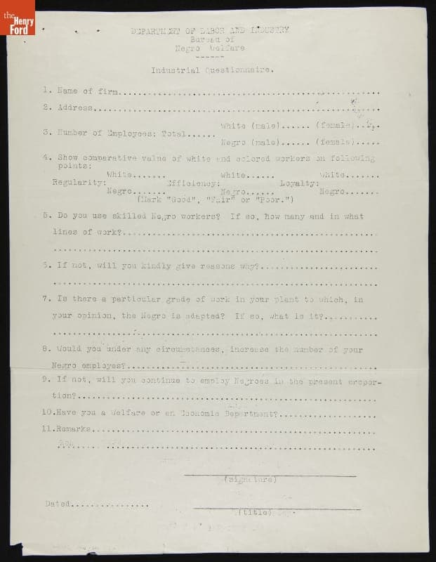 U.S. Department of Labor and Industry, Bureau of Negro Welfare, Industrial Questionnaire, circa 1930