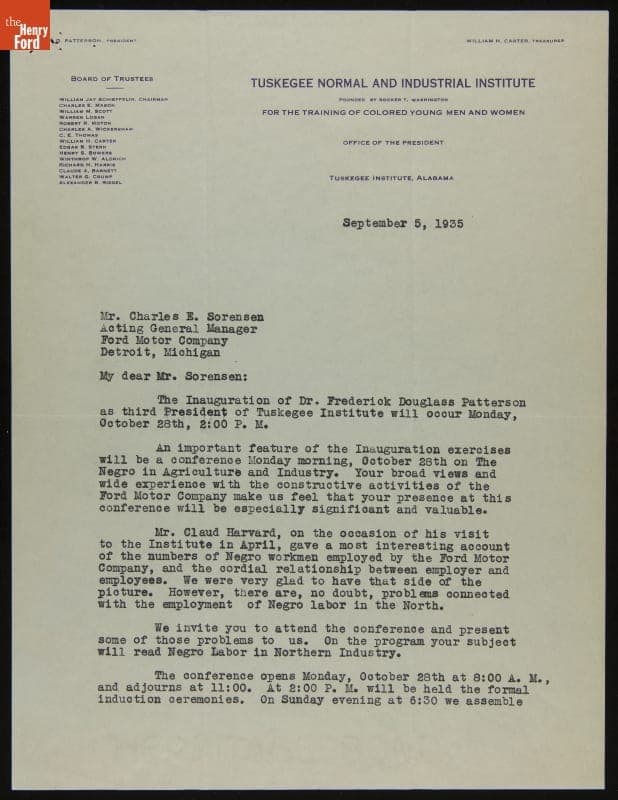 Letter from William Jay Schieffelin to Charles E. Sorensen regarding Tuskegee Institute's Presidential Inauguration, September 1935