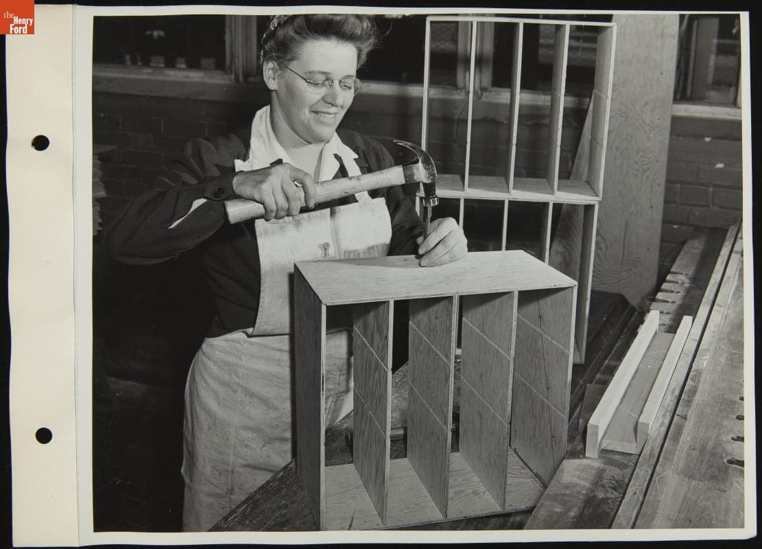 Edith Corpus Making Rivet Containers in the Cabinet Shop at Willow Run Bomber Plant, April 1943