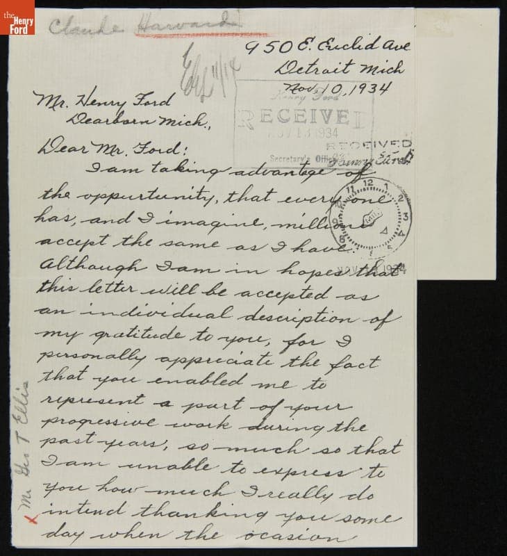 Letter from Claude Harvard to Henry Ford Introducing Inventor George Ellis, 1934