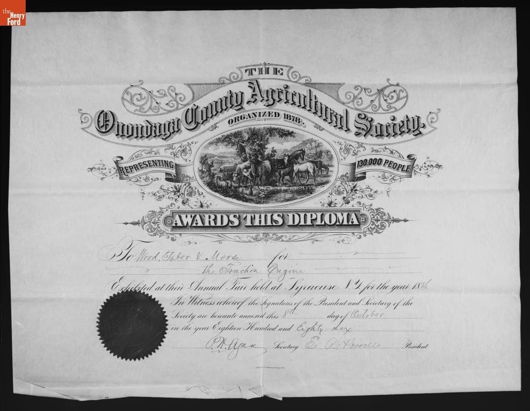 Onondaga County Historical Society Diploma Honoring the Wood, Taber and Morse Portable Engine, October 1886