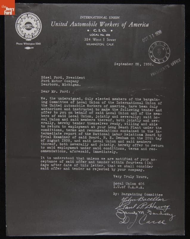 Letter from UAW #406 to Edsel Ford regarding Ending the Ford Long Beach Assembly Plant Strike, September 28, 1938