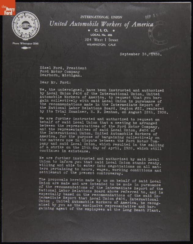 Letter from UAW #406 to Edsel Ford to Request Collective Bargaining, September 16, 1938