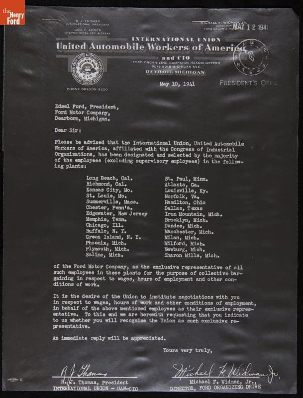 Letter from UAW-CIO to Edsel Ford Listing Ford Plants They Represent in Collective Bargaining, May 10, 1941