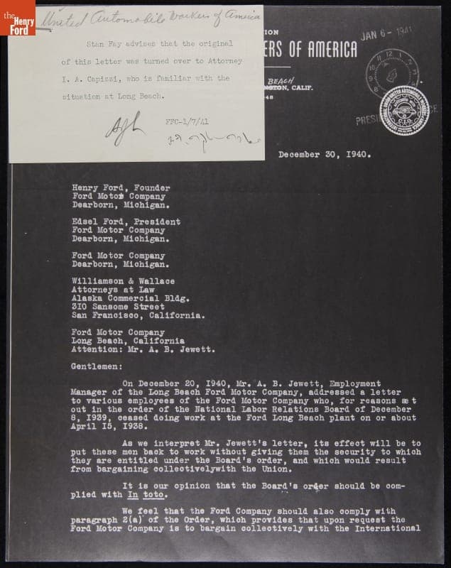 Letter from UAW-CIO to Ford Motor Company regarding Collective Bargaining with Long Beach Assembly Plant Employees, December 30, 1940