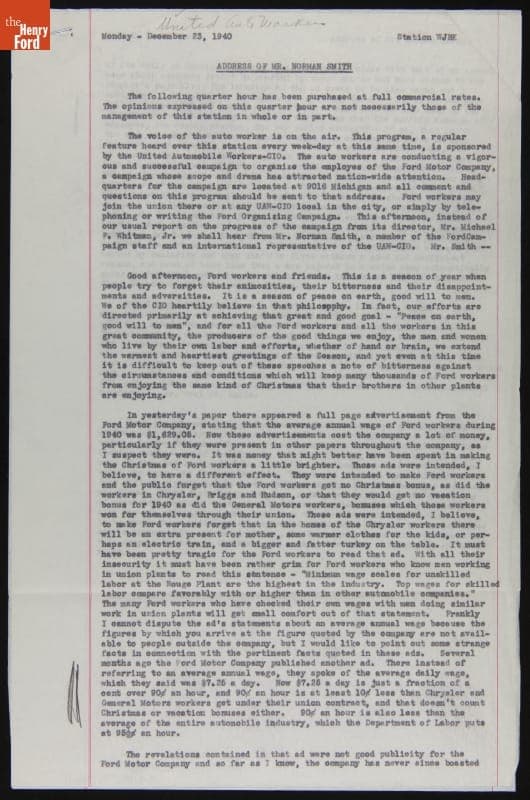 Address of Mr. Norman Smith on WJBK Radio, Ypsilanti, Michigan, December 23, 1940