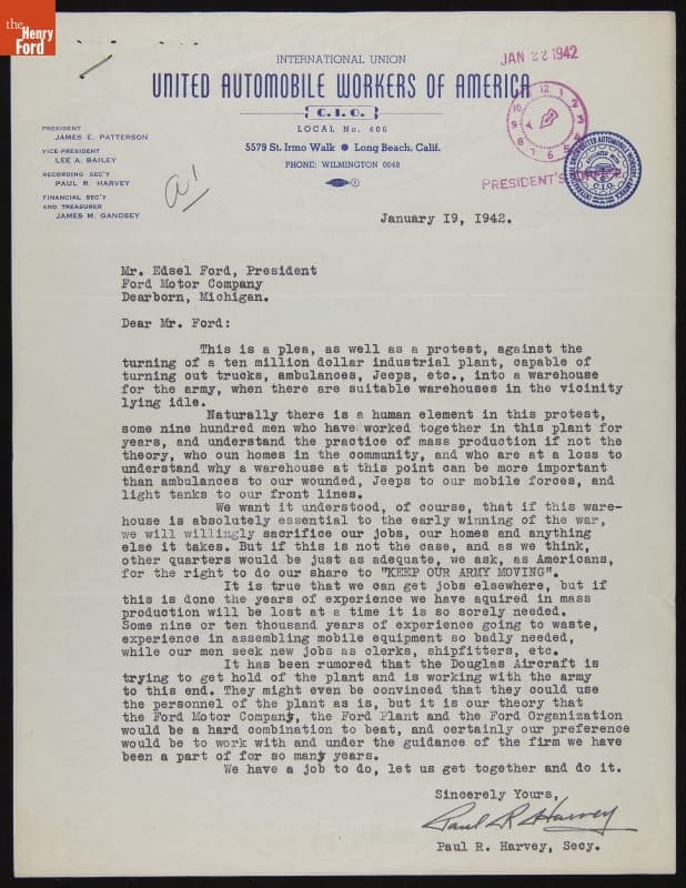 Letter from UAW-CIO to Edsel Ford Protesting Turning the Long Beach Assembly Plant into an Army Warehouse, January 19, 1942