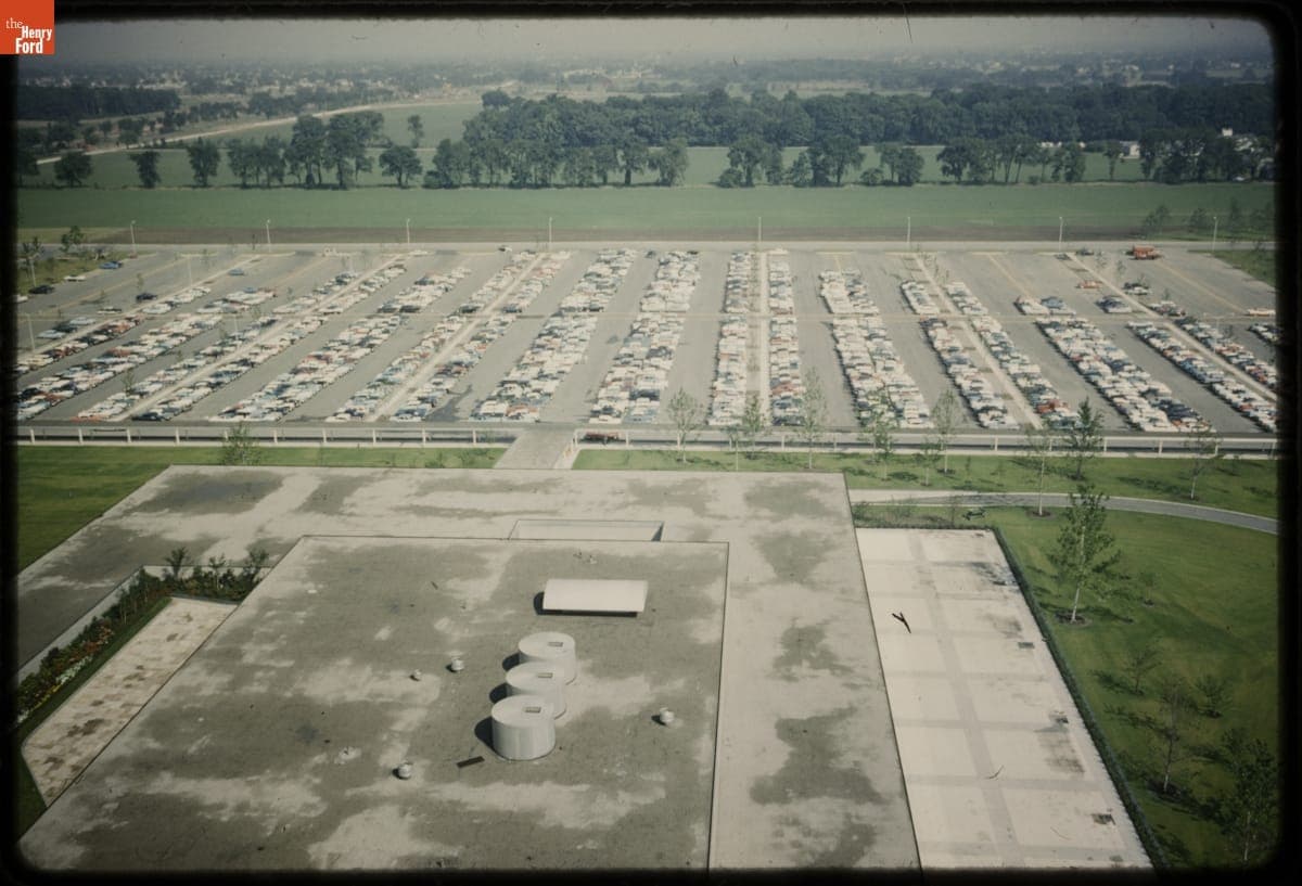Staff Parking Lot View from Roof, Henry Ford II World Center, circa 1955