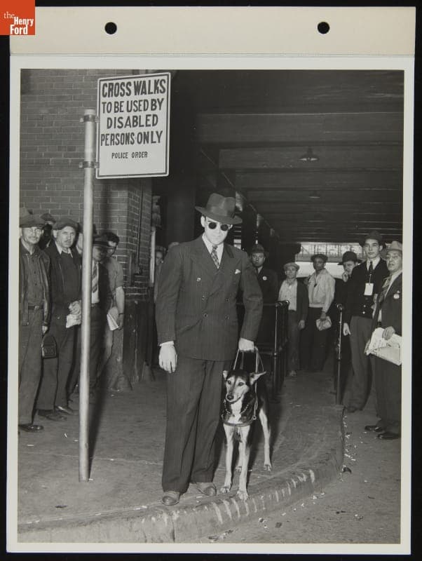 Ford Employee Sylvester Rypkowski with Service Dog "Blackie," Waiting at Cross Walk, October 1942