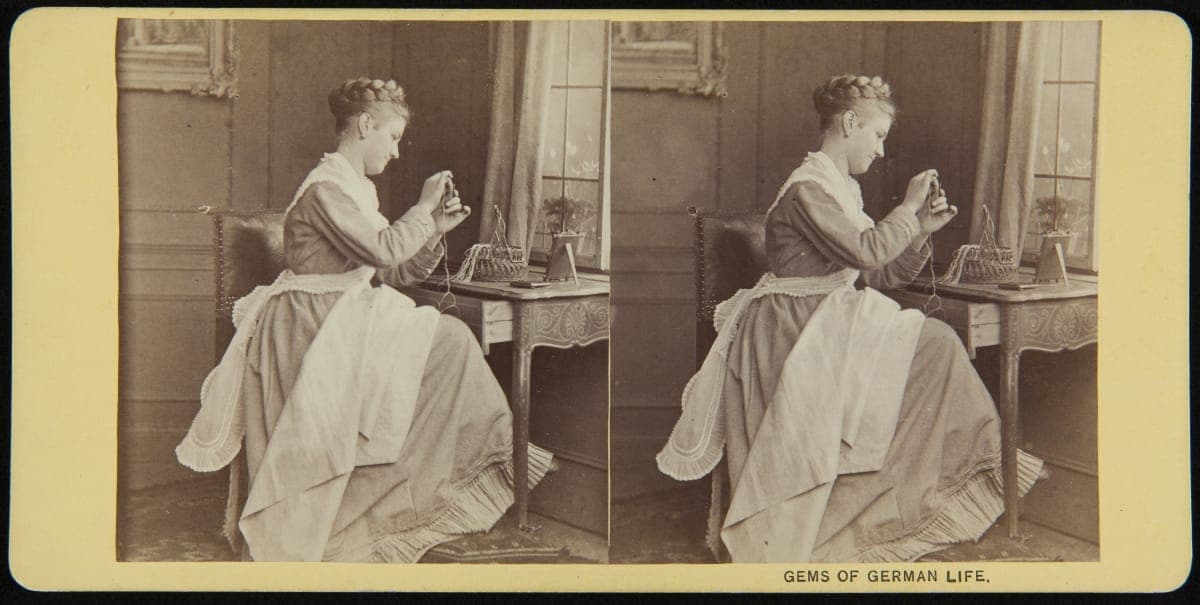 Woman Threading a Needle, "Gems of German Life," circa 1890