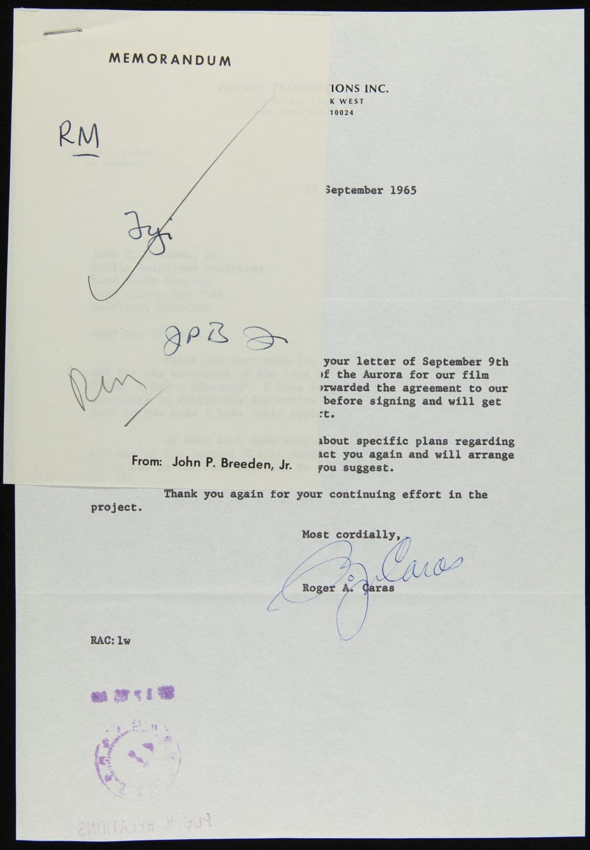 Letter from Roger A. Caras to John Breeden, Jr. regarding Ford Aurora in "2001: A Space Odyssey," September 15, 1965