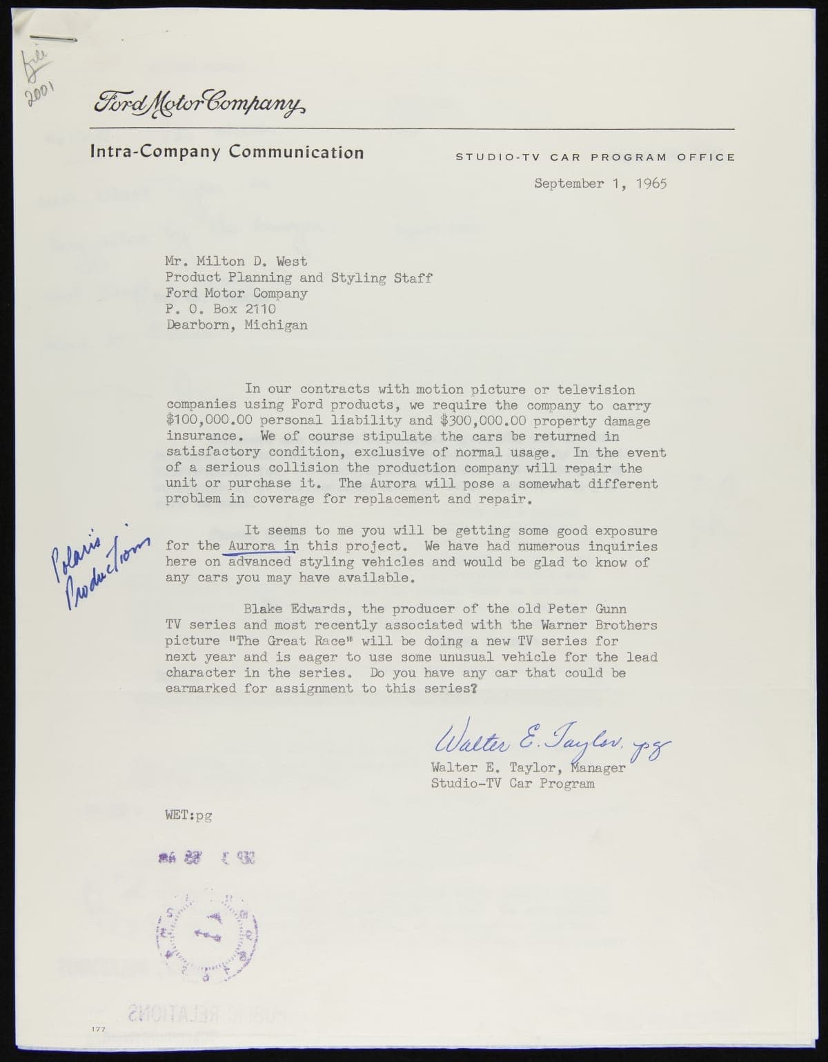 Correspondence between Ford Motor Company Personell and Roger A. Caras regarding the Ford Aurora in "2001: A Space Odyssey," August to September, 1965