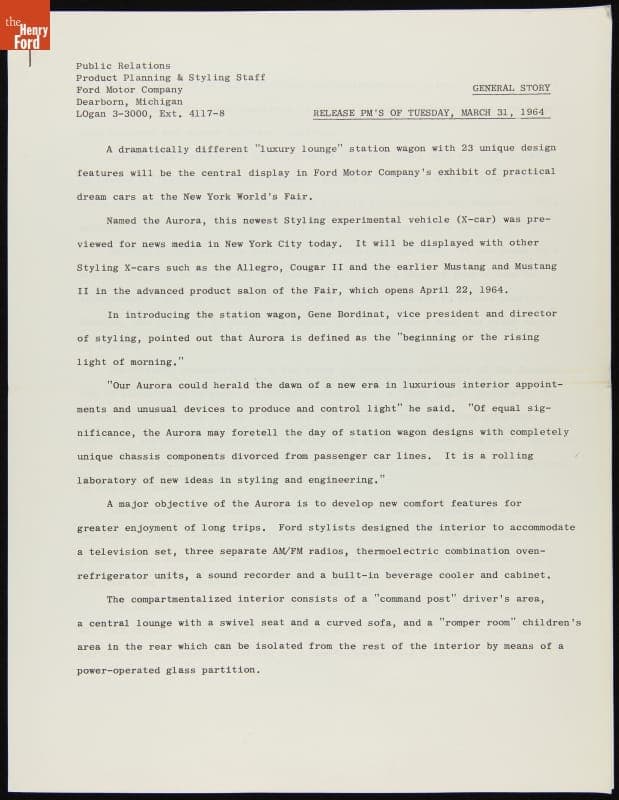 Press Release, General Story, Ford Aurora Concept Car, March 31, 1964