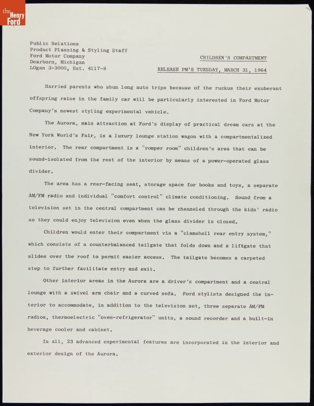 Press Release, Children's Compartment, Ford Aurora Concept Car, March 31, 1964