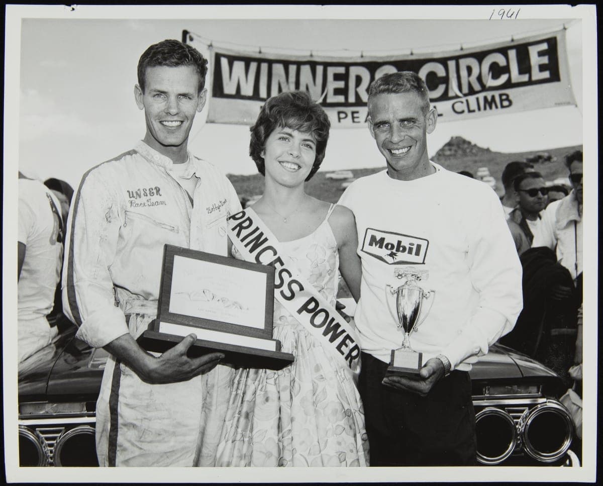 Louie Unser and Bobby Unser at Pikes Peak Hill Climb, with "Princess Power," 1961