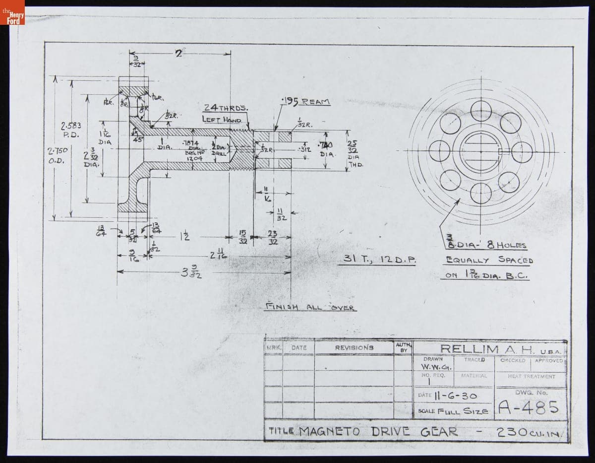 Drawing. "Magneto Drive Gear." Rellimah, Los Angeles, California, November 6, 1930