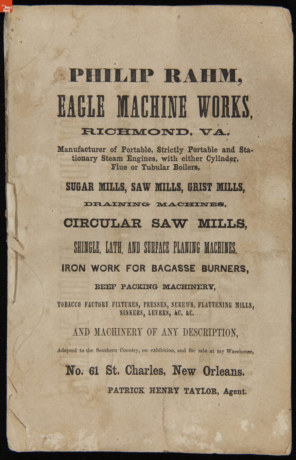 Philip Rahm, Eagle Machine Works Catalog, Richmond, Virginia, circa 1859