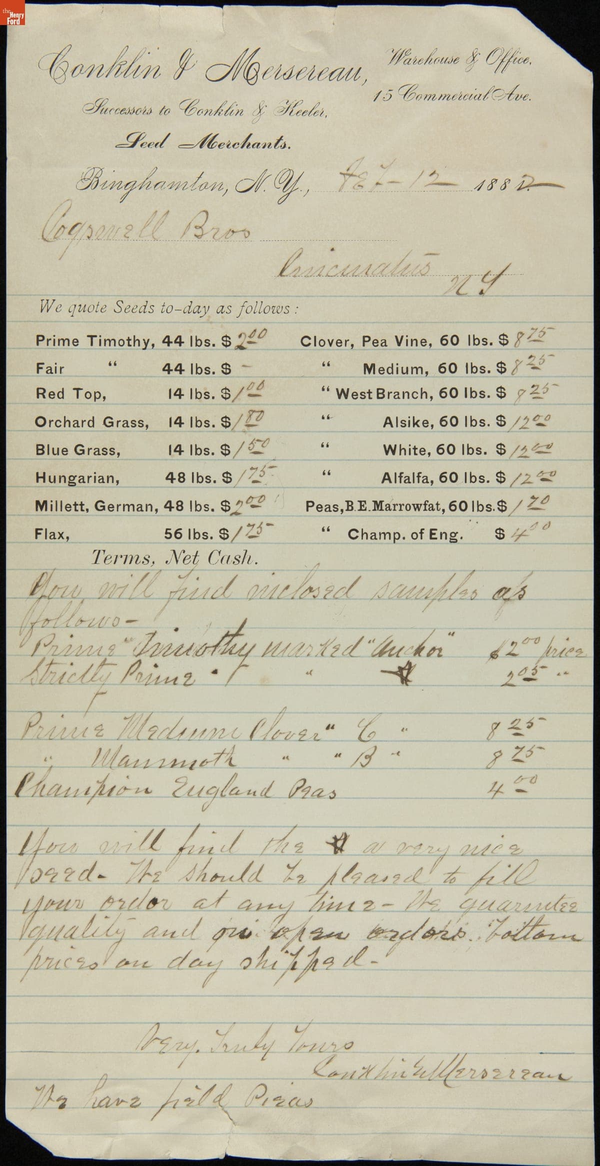 Seed Price List from Conklin & Mercereau, Seed Merchants, February 12, 1882