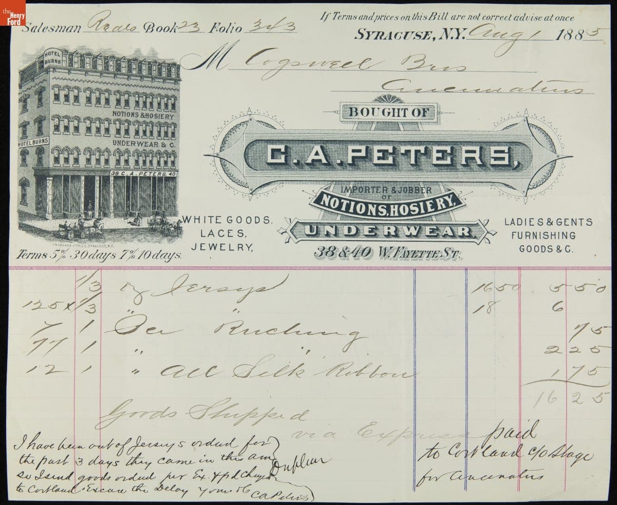 Invoice for Purchase from Importer C. A. Peters by Cogswell Brothers, August 1, 1885