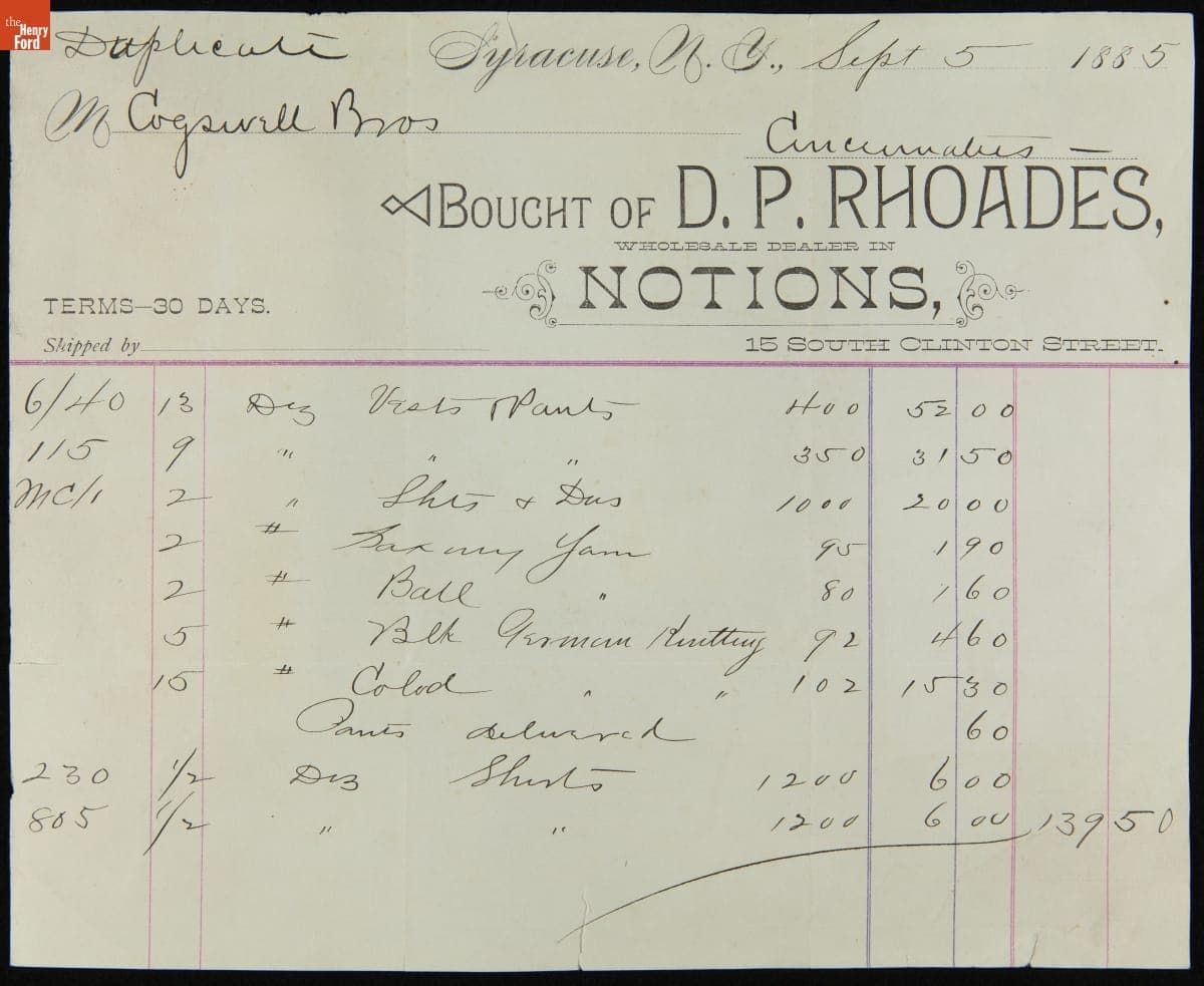Invoice for Purchase of Notions by Cogswell Brothers from D. P. Rhoades, September 5, 1885