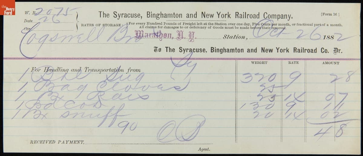 Freight Bill for Cogswell Brothers' Rail Shipment, October 26, 1882