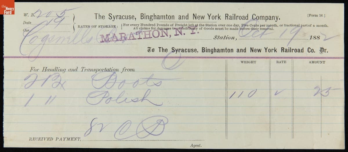Freight Bill for Cogswell Brothers' Rail Shipment, October 19, 1882