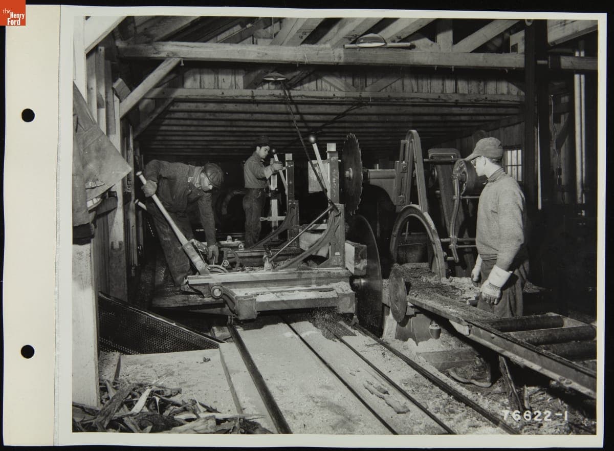 Men Working at a Sawmill during Construction of the Willow Run Bomber Plant, March 5, 1942