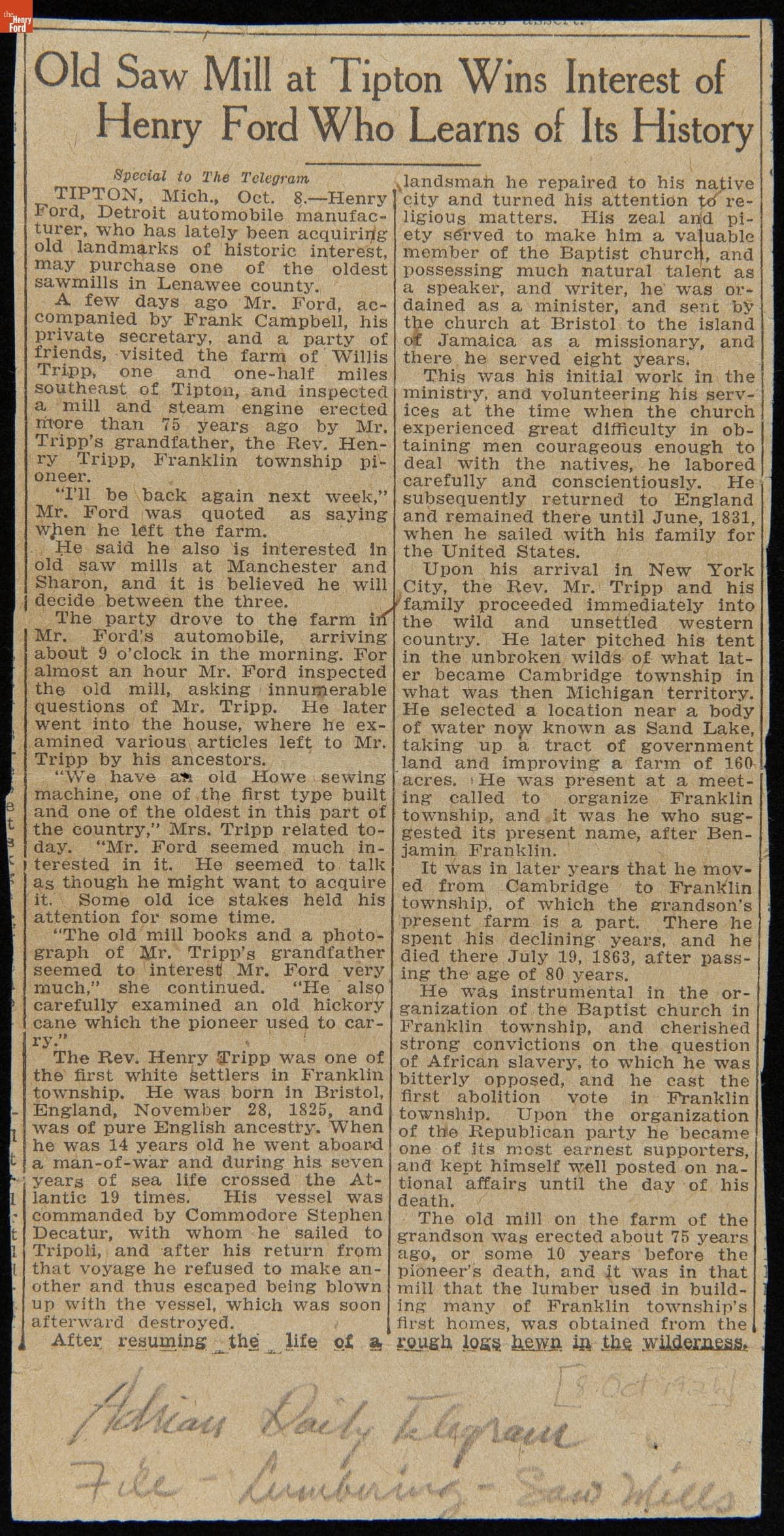 Old Saw Mill at Tipton Wins Interest of Henry Ford who Learns of its History, October 8, 1926
