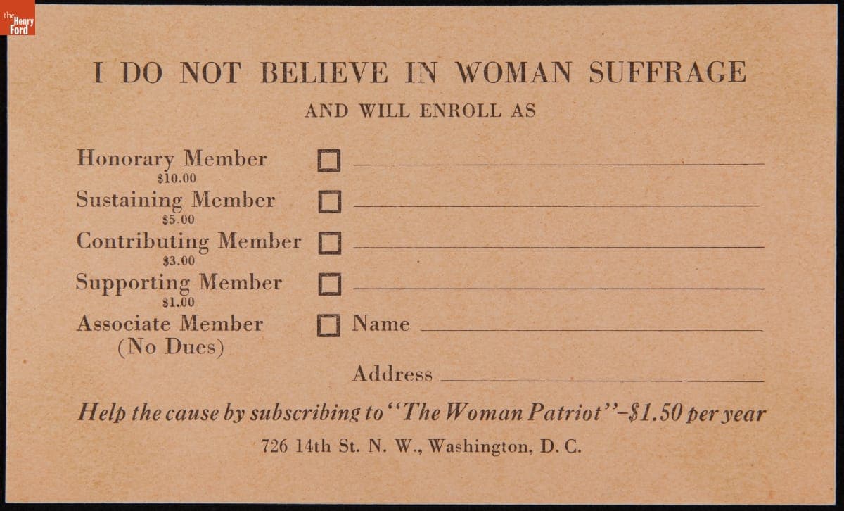 Postcard for Maryland Association Opposed to Woman Suffrage, "I Do Not Believe in Woman Suffrage," 1919-1920