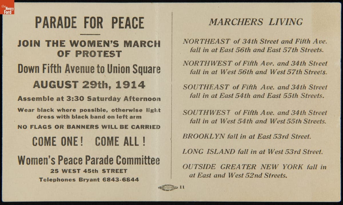 Parade for Peace - Join the Women's March of Protest, August 29, 1914