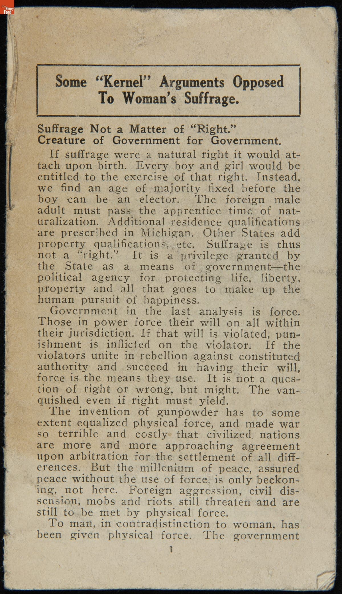Some "Kernel" Arguments Opposed to Woman's Suffrage, 1913-1918