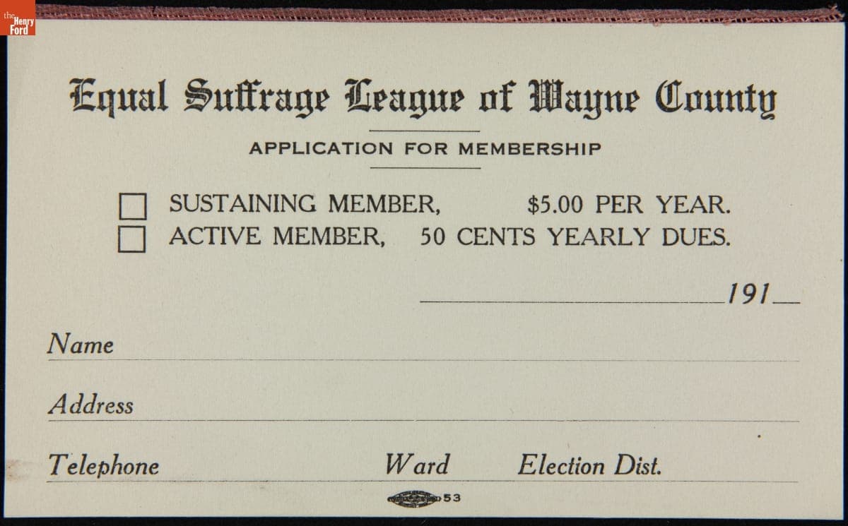 Application for Membership to the Equal Suffrage League of Wayne County, circa 1918