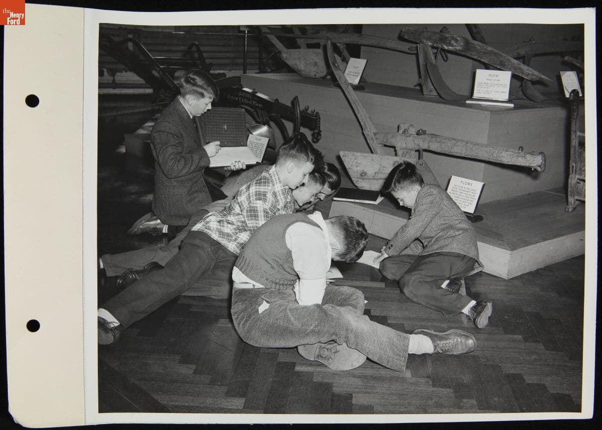 Edison Institute Students Work near a Plow Exhibit at Henry Ford Museum, 1945-1947