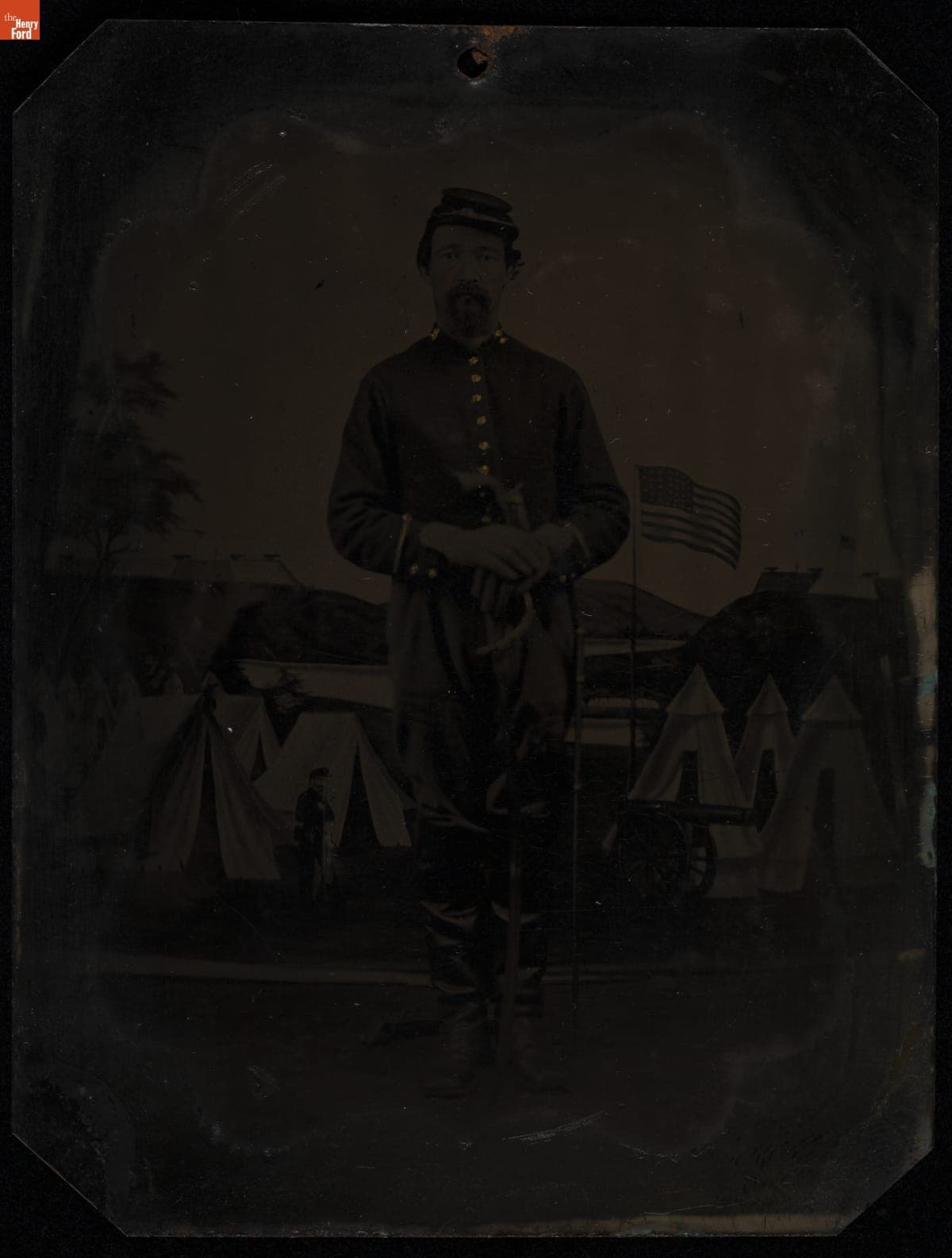 Cavalryman with a Painted Backdrop of a Military Camp, 1860-1869