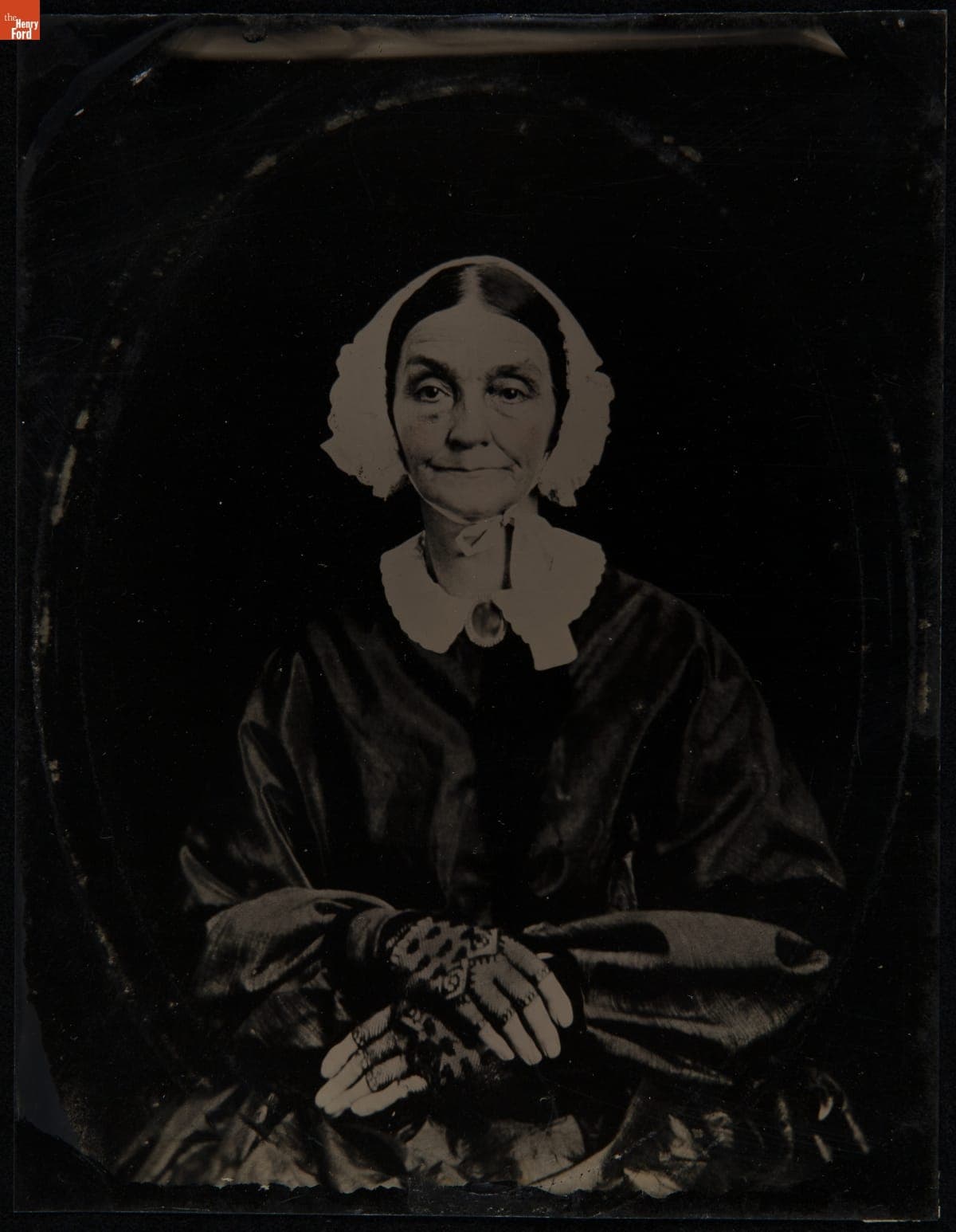 Woman Wearing Black Lace Gloves, 1860-1870