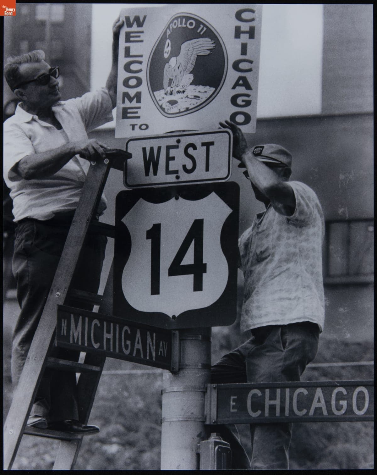 Workers Installing a Sign for the Ticker Tape Parade Honoring the Apollo 11 Astronauts, August 13, 1969