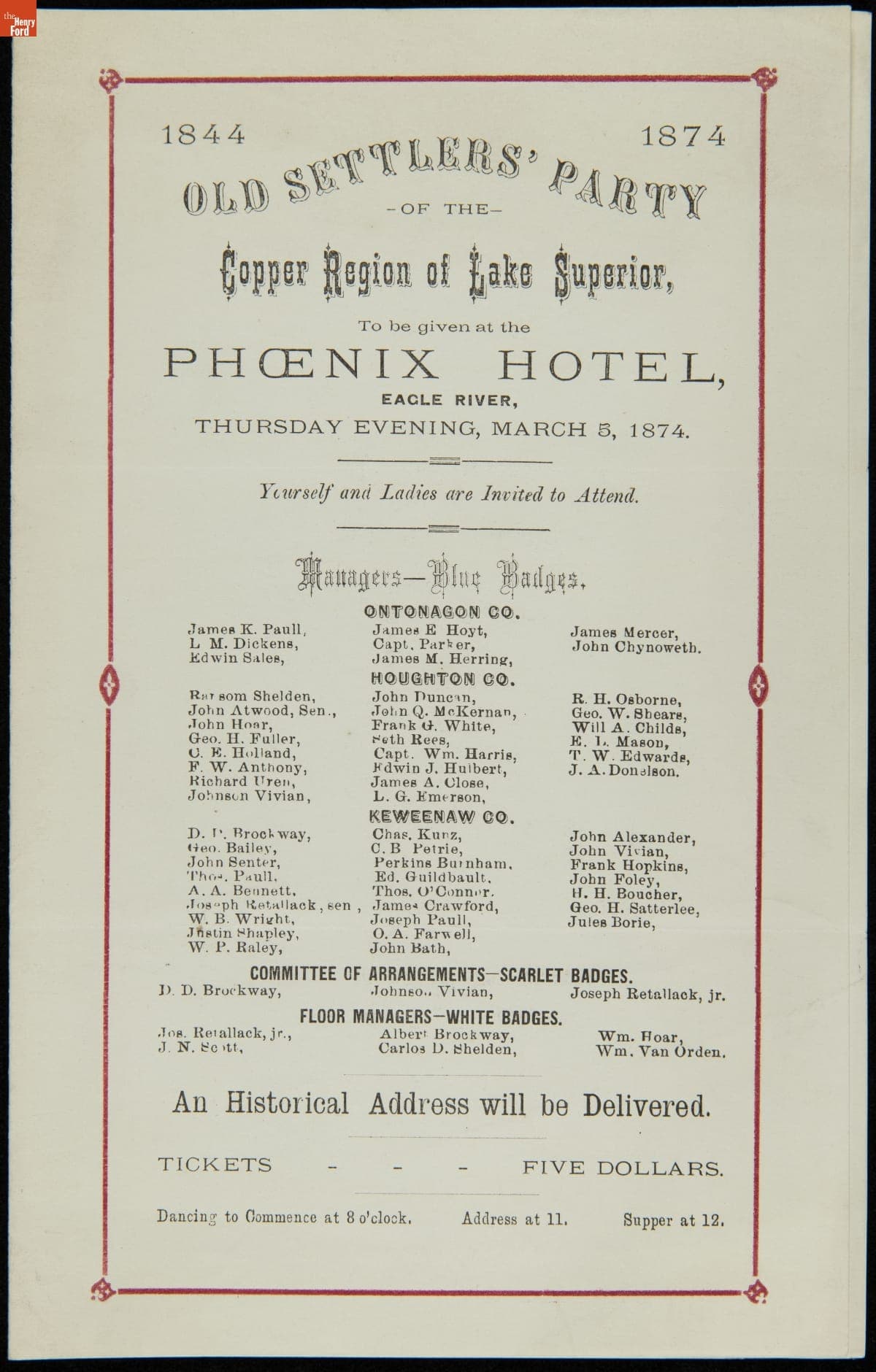 Program, "Old Settlers' Party of the Copper Region of Lake Superior," Phoenix Hotel, Eagle River, Michigan, March 5, 1874