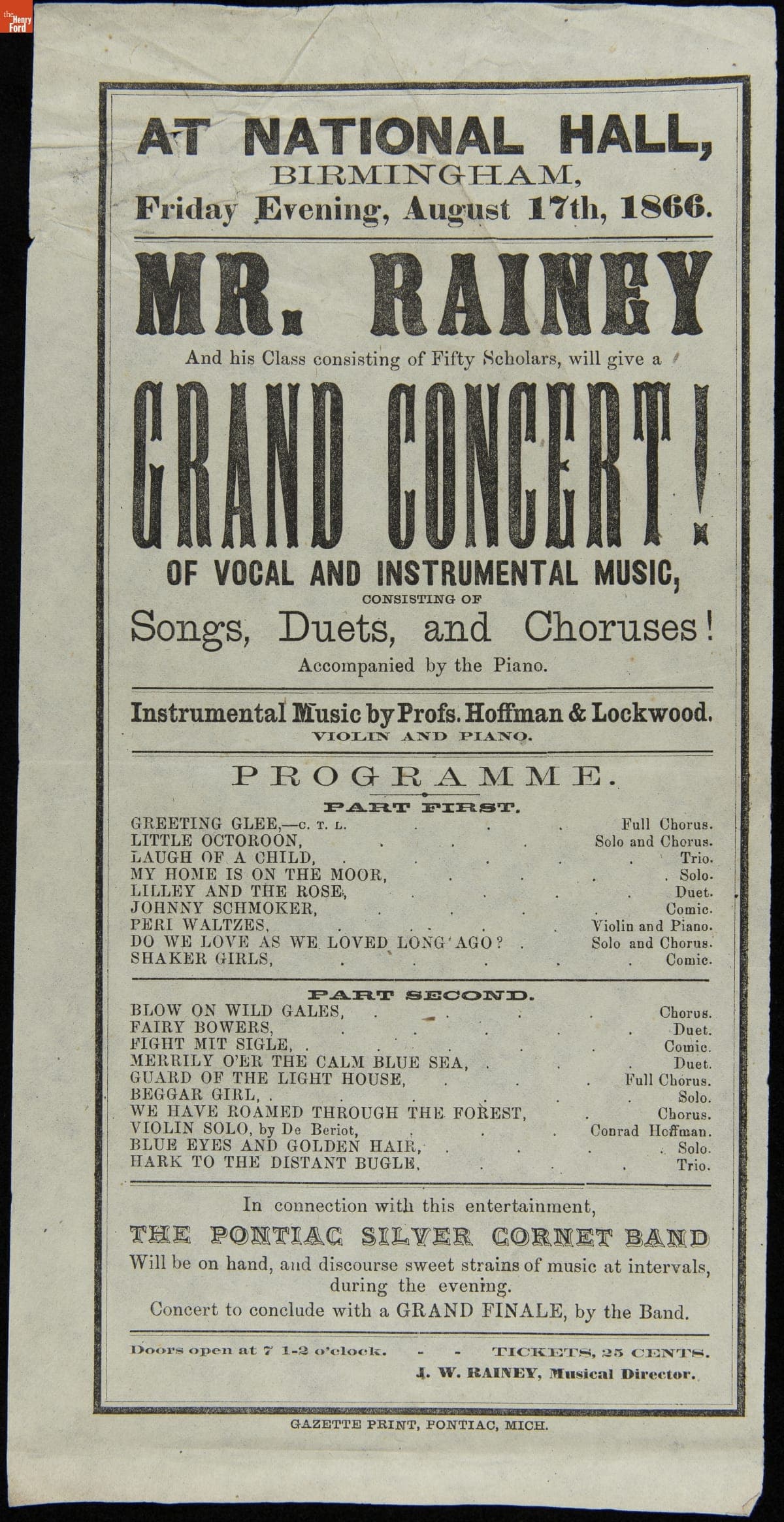 Program, "Grand Concert of Vocal and Instrumental Music," National Hall, Birmingham, Michigan, August 17, 1866