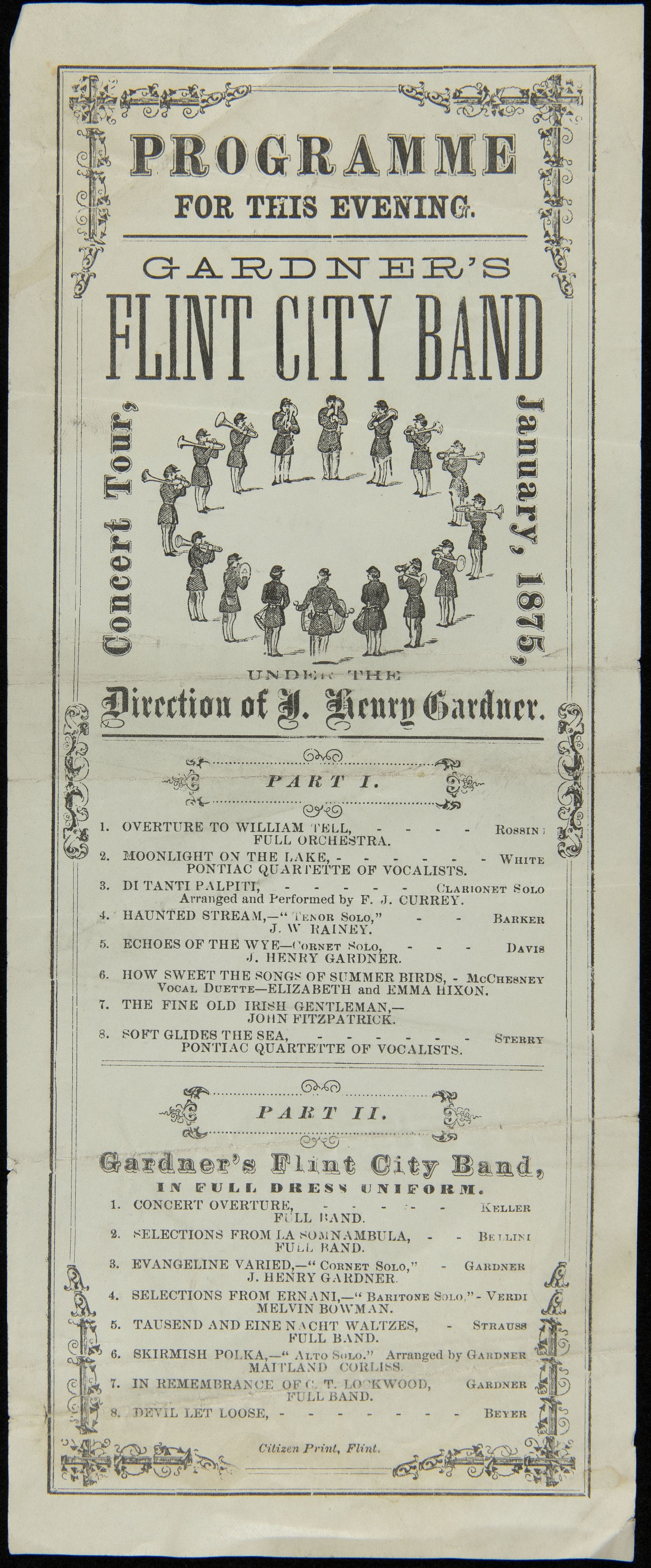 Program, "Gardner's Flint City Band Concert Tour," January 1875