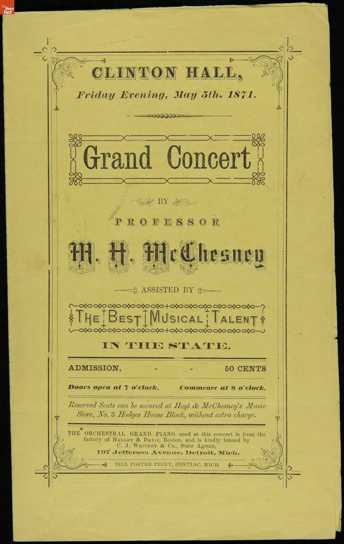 Program, "Grand Concert by Professor M.H. McChesney," Clinton Hall, Pontiac, May 5, 1871