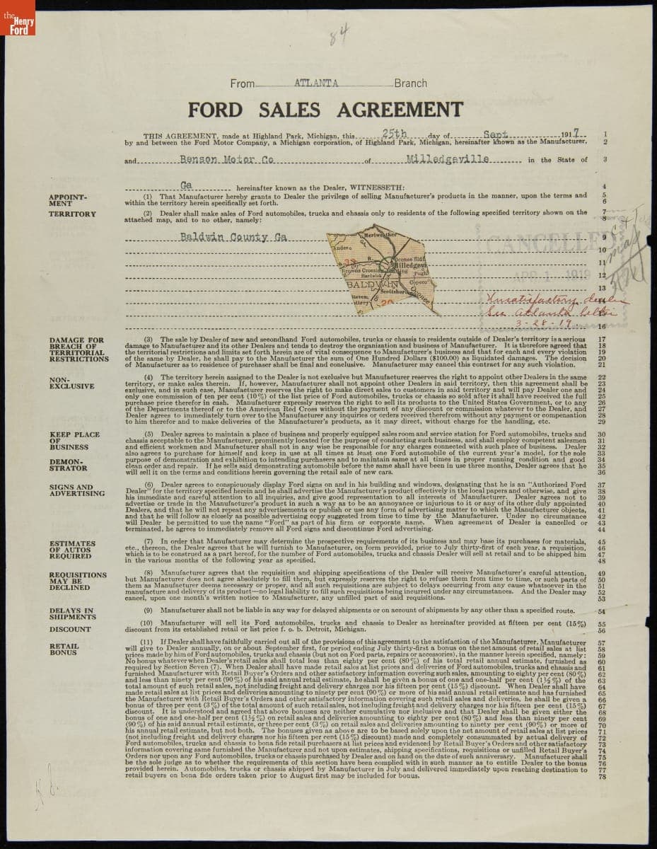Cancelled Ford Sales Agreement for Benson Motor Company, Milledgeville, Georgia, April 1, 1919