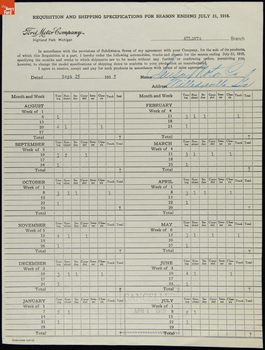 Cancelled Requisition Form for Benson Motor Company, Milledgeville, Georgia, April 1, 1919