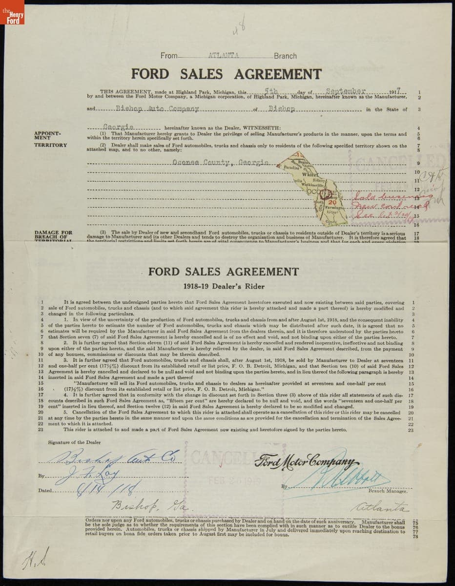 Cancelled Ford Sales Agreement for Bishop Auto Company, Bishop, Georgia, February 26, 1919