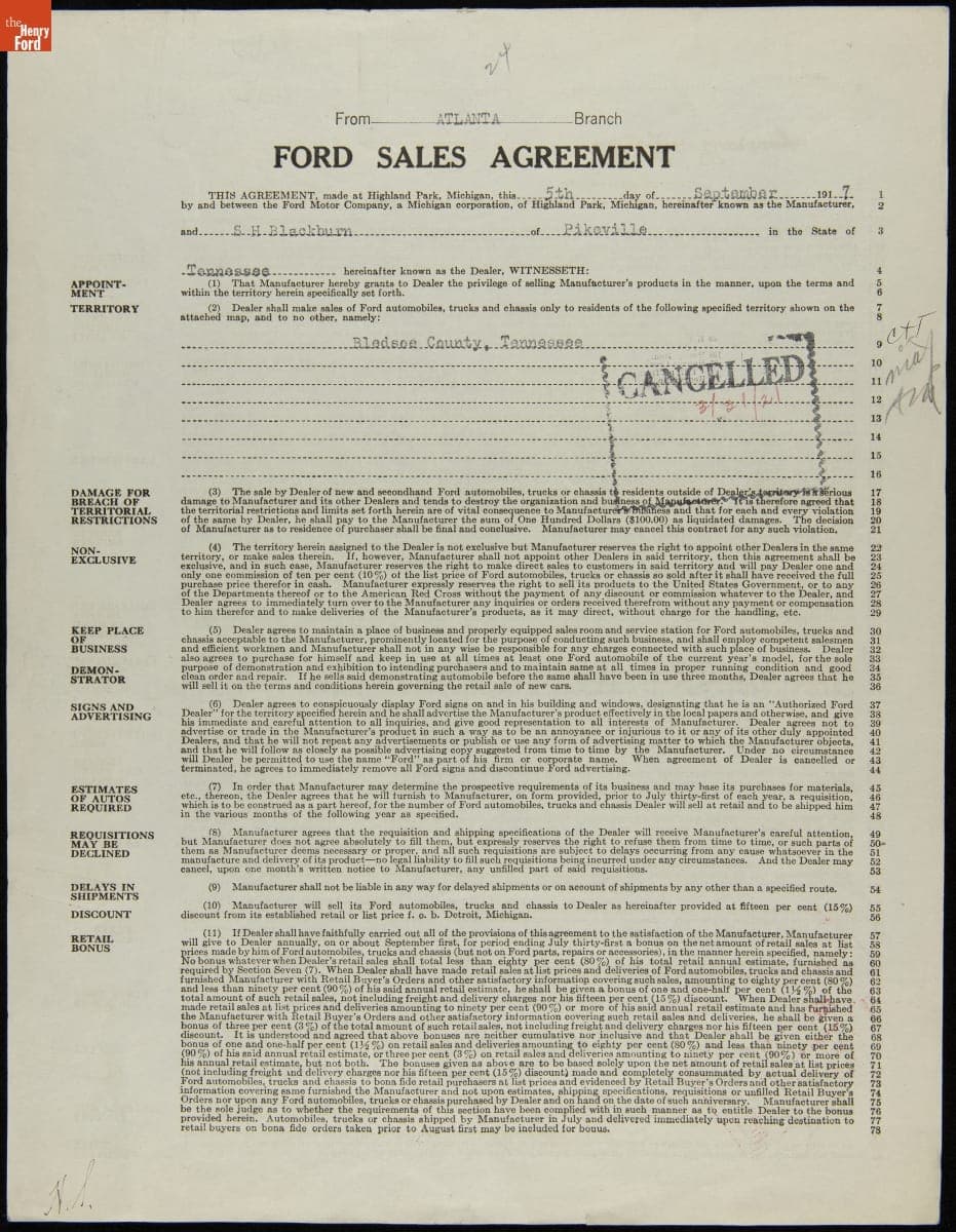 Cancelled Ford Sales Agreement for S.H. Blackburn, Pikeville, Tennessee, March 21, 1921