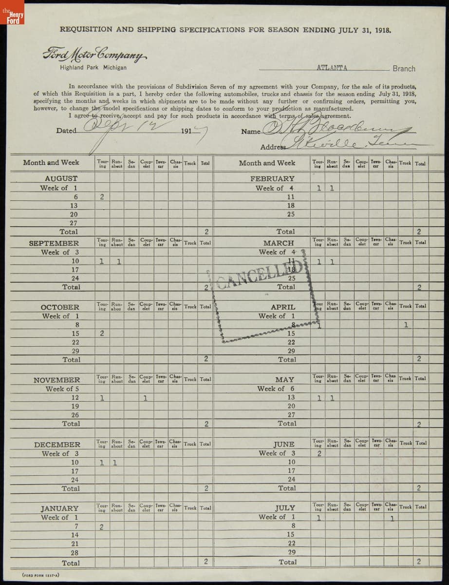 Cancelled Requisition Form for S.H. Blackburn, Pikeville, Tennessee, March 1921