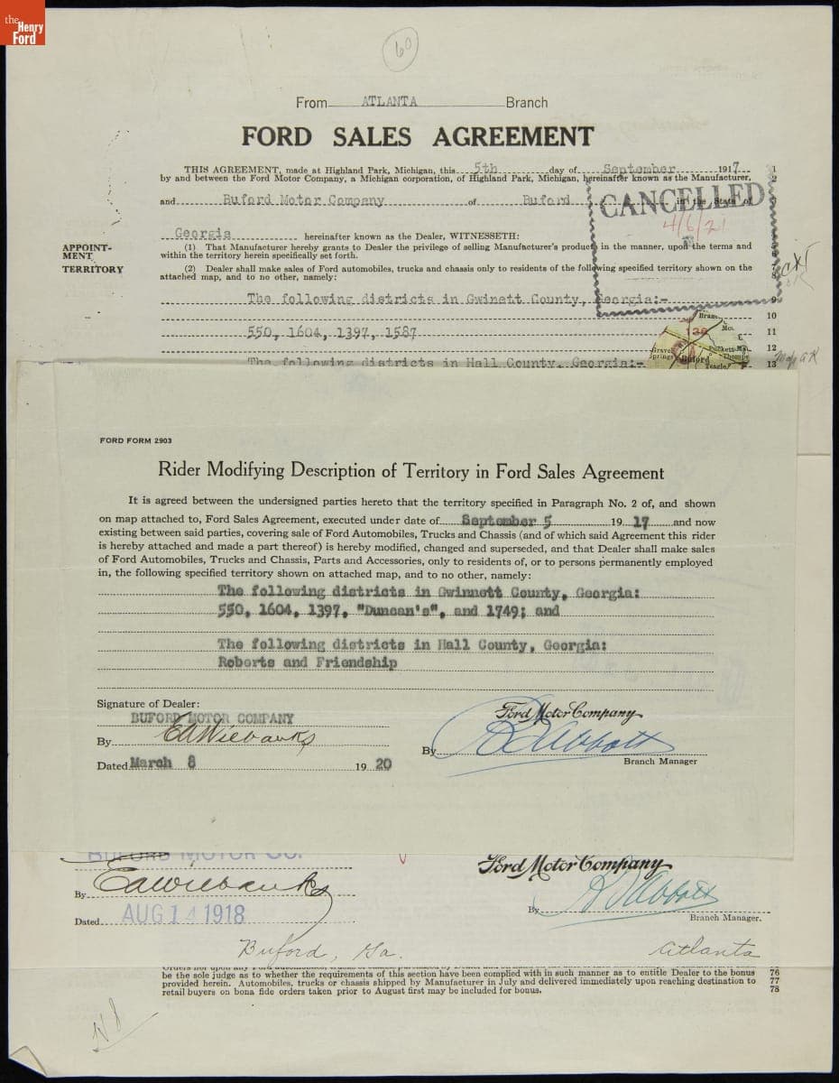 Cancelled Ford Sales Agreement for Buford Motor Company, Buford, Georgia, April 6, 1921