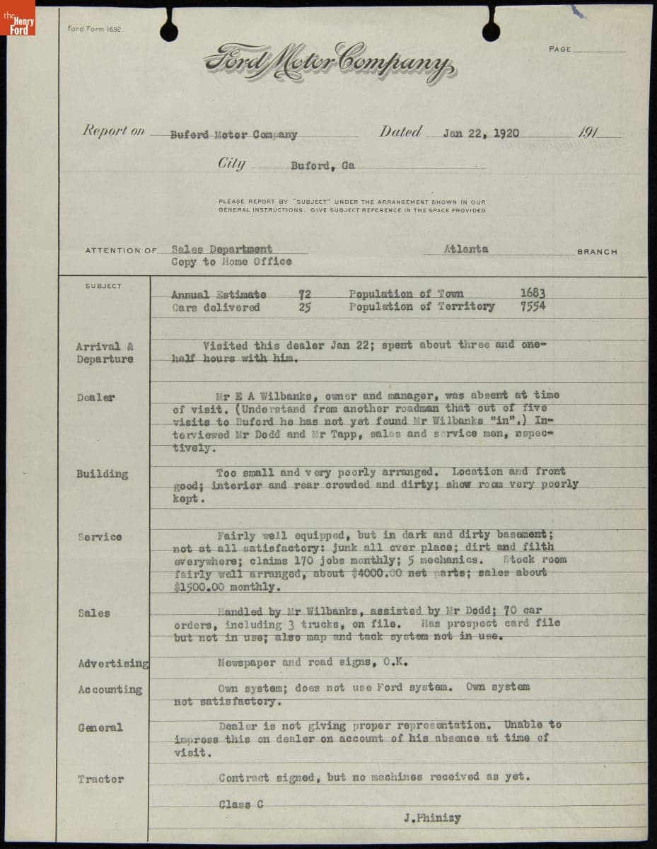 Manager Report of Buford Motor Company, Buford, Georgia, January 22, 1920