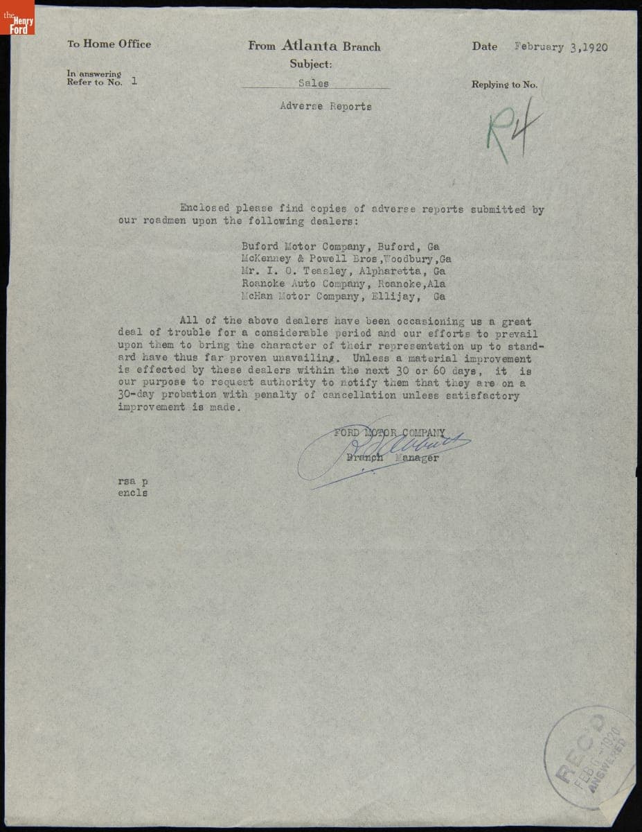 Letter from Ford Motor Company Atlanta Branch to the Home Office Regarding Failing Dealers in Alabama and Georgia, February 3, 1920