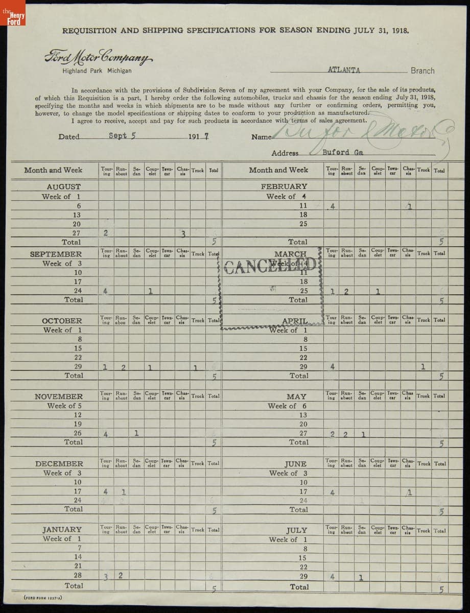 Cancelled Requisition Form for Benson Motor Company, Buford Motor Company, Buford, Georgia, April 1921